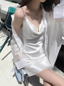 名媛钻肩带白色短款性感法式醋酸绸缎面吊带连衣裙子洋装小礼服夏