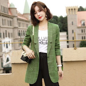 绿色格子西装外套女2022春秋韩版中长款休闲气质高级感小西服上衣