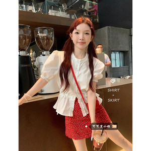 甜美风套装女装夏季韩系chic泡泡袖衬衫复古红色波点半身裙两件套