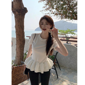 韩系白色短袖T恤女装夏季设计感蓬蓬荷叶边撞色拼接圆领小众上衣
