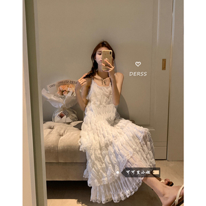 夏季韩版2024新款宽松时尚法式白色气质蕾丝吊带蛋糕连衣裙女裙子