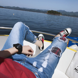 林弯弯les帅t膝盖破洞九分牛仔裤男士矮个子26码27小码修身小脚裤