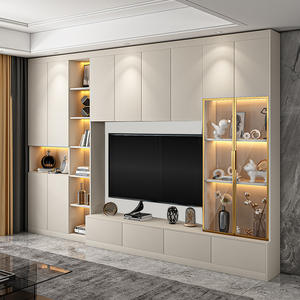 轻奢客厅电视柜组合一体墙柜背景墙电视机柜现代简约书柜储物定制