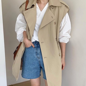 韩国chic复古英伦风翻领双排扣宽松纯色中长款无袖风衣马甲外套女