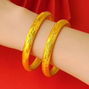 龙凤呈祥吉祥如意黄金手镯女18k古法传承实心婚庆结婚镯子999足金