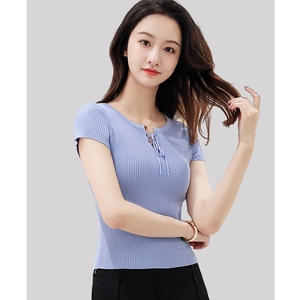 专柜 针织短袖女夏冰丝短款薄款套头系带学院简约修身t恤短装上衣