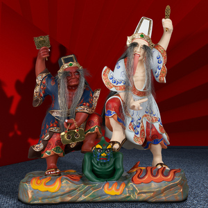 三漫陀樟木连体七爷八爷神像黑白无常大二爷伯谢范将军像供奉摆件