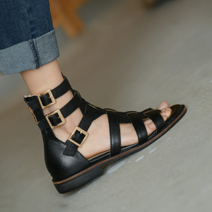 第一街黑色真皮高帮罗马鞋后拉链露趾凉鞋女平跟凉靴新款夏季女鞋