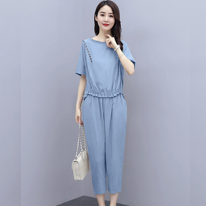 胖妹妹时髦棉麻套装女夏2020新款休闲时尚洋气减龄大码亚麻两件套