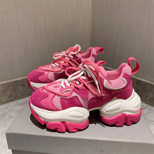 日韩ins超火粉色老爹鞋女新款真皮厚底松糕鞋运动休闲鞋显瘦女鞋