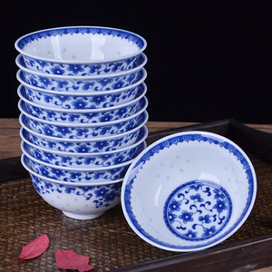 景德镇青花瓷碗套装陶瓷家用10个吃饭碗釉下彩个性创意中式玲珑碗