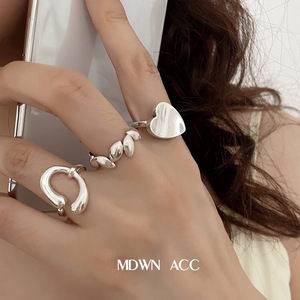 韩版S925银不规则树叶戒指女复古时尚简约翘边爱心几何开口食指环