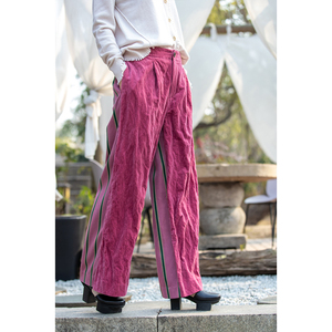 【安之意】撞料平绒相条宽腿裤2022年春季原创设计通勤复古阔腿裤