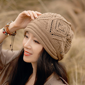 帽子女春秋时尚妈妈百搭镂空手工针织堆堆帽大头围薄款包头毛线帽
