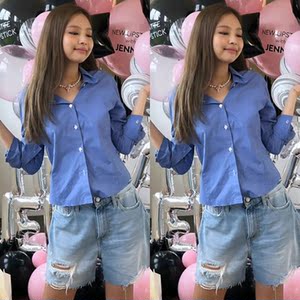 欧洲金智妮jennie同款蓝色长袖收腰休闲衬衫上衣高腰破洞牛仔短裤