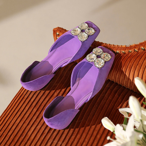 莫纶琪紫色凉鞋女平底夏季新款水钻方头包头中空包脚低跟时装女鞋