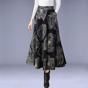 毛呢半身裙女秋冬天高腰长款伞裙及脚踝大摆长裙加厚冬裙碎花裙子