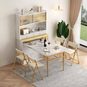 轻奢超薄餐桌餐边一体柜现代简约家用伸缩饭桌小户型折叠餐椅组合
