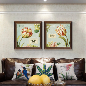 美式客厅二联装饰画餐厅花卉挂画复古仿油画欧式壁画卧室床头墙画