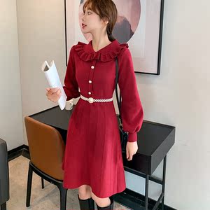 娃娃领修身红色针织连衣裙女秋冬内搭打底毛衣裙小红裙酒红色裙子