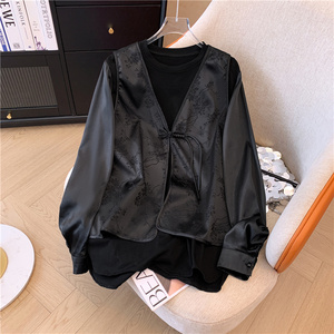 新中式黑色灯笼长袖真丝衬衫女春装设计感重工刺绣马甲俩件套上衣