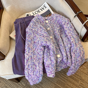 紫色两件套装女秋冬小香风针织开衫毛衣外套休闲高腰直筒阔腿裤子