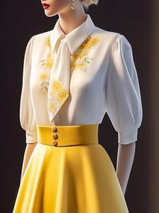 大品牌外贸原单女装新中式国风白色衬衣衫搭配黄色半身裙子两件套