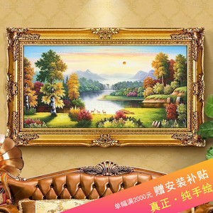 欧式手绘风景山水聚宝盆油画客厅沙发背景墙横竖版三只小鹿装饰画