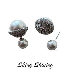 大小珍珠镂空俩戴耳钉法式轻奢高级感气质名媛设计师锆石银针耳饰