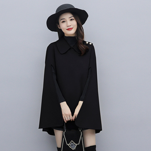 秋冬韩版宽松披风斗篷毛呢外套女披肩上衣假两件秋季外搭时尚呢子