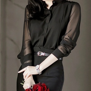 大牌法国意大利商城专柜外贸气质性感女人味衬衣黑色职业雪纺衬衫