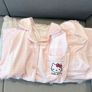 粉色格子KT猫睡衣女款春秋冬季海岛绒加厚长袖套装可爱休闲家居服