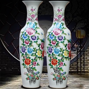 手绘粉彩牡丹大花瓶景德镇陶瓷器花瓶落地大瓷瓶客厅酒店大摆件