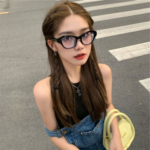 复古多边形猫眼黑框眼镜女素颜神器黑色粗框菱形脸平光平面镜御姐