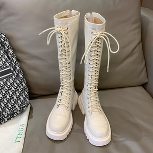 白色高筒骑士靴真皮厚底长靴显瘦系带长筒马丁靴小个子弹力瘦瘦靴