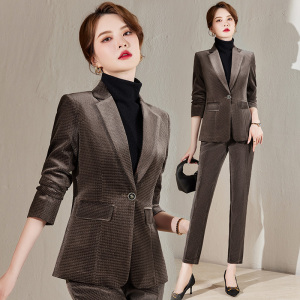 金丝绒西装套装女春秋高端主持人职业套装咖啡色西服外套休闲正装