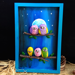 猫头鹰手绘石头画拼画小鸟手工艺作品成品diy材料幼儿园布置教室