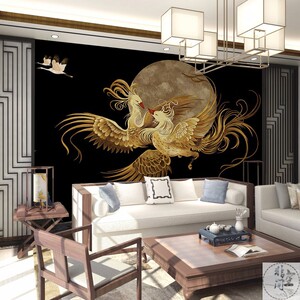 古典神鸟凤凰图墙纸中国风酒店大厅8d壁画新中式电视背景墙布壁纸