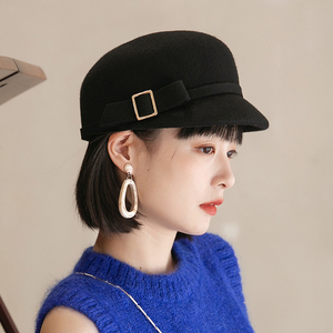 短檐海军帽女秋冬日系百搭八角帽时尚韩系鸭舌帽黑色羊毛呢帽子女