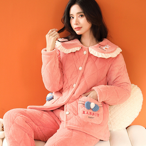 冬季睡衣女三层夹棉加绒加厚珊瑚绒法兰绒保暖棉衣套装家居服女装
