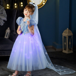 艾莎公主裙夏季女童拖尾发光迪士尼原版艾沙生日礼服新款儿童爱莎