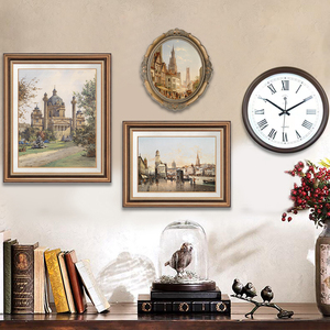 欧式复古客厅装饰画钟表照片墙画玄关美式创意组合画餐厅风景挂画