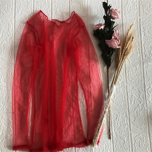 女百搭红色T恤圆领网衫性感全透明打底衫弹力衫长袖纱衣纯色大码