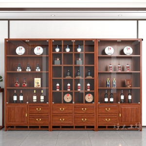 玻璃酒柜展示柜实木新中式柜门带灯靠墙榆木红木花梨色白酒柜组合
