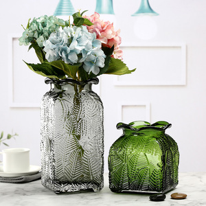 沁竹 开口浮雕透明玻璃客厅摆件红木家居装饰 干花插花水养花瓶