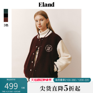 Eland衣恋棒球服女宽松学院风卫衣撞色拼接仿羊羔毛外套上衣