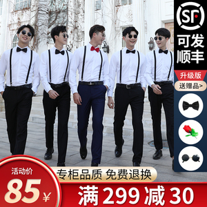 伴郎服兄弟装夏季结婚西装伴郎服男西服套装衬衫马甲背带裤三件套