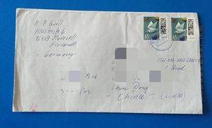 德国实寄封 信鸽 贴电子票 背面盖中国邮政防疫戳