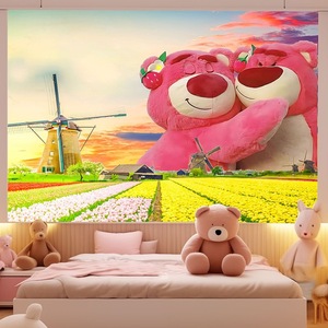 新款卡通动漫草莓熊可爱装饰挂布卧室床头大号宿舍房间直播背景布