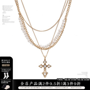 SUMIYAKI 美式巴洛克珍珠十字架项链 高级感哑古金多层叠带毛衣链